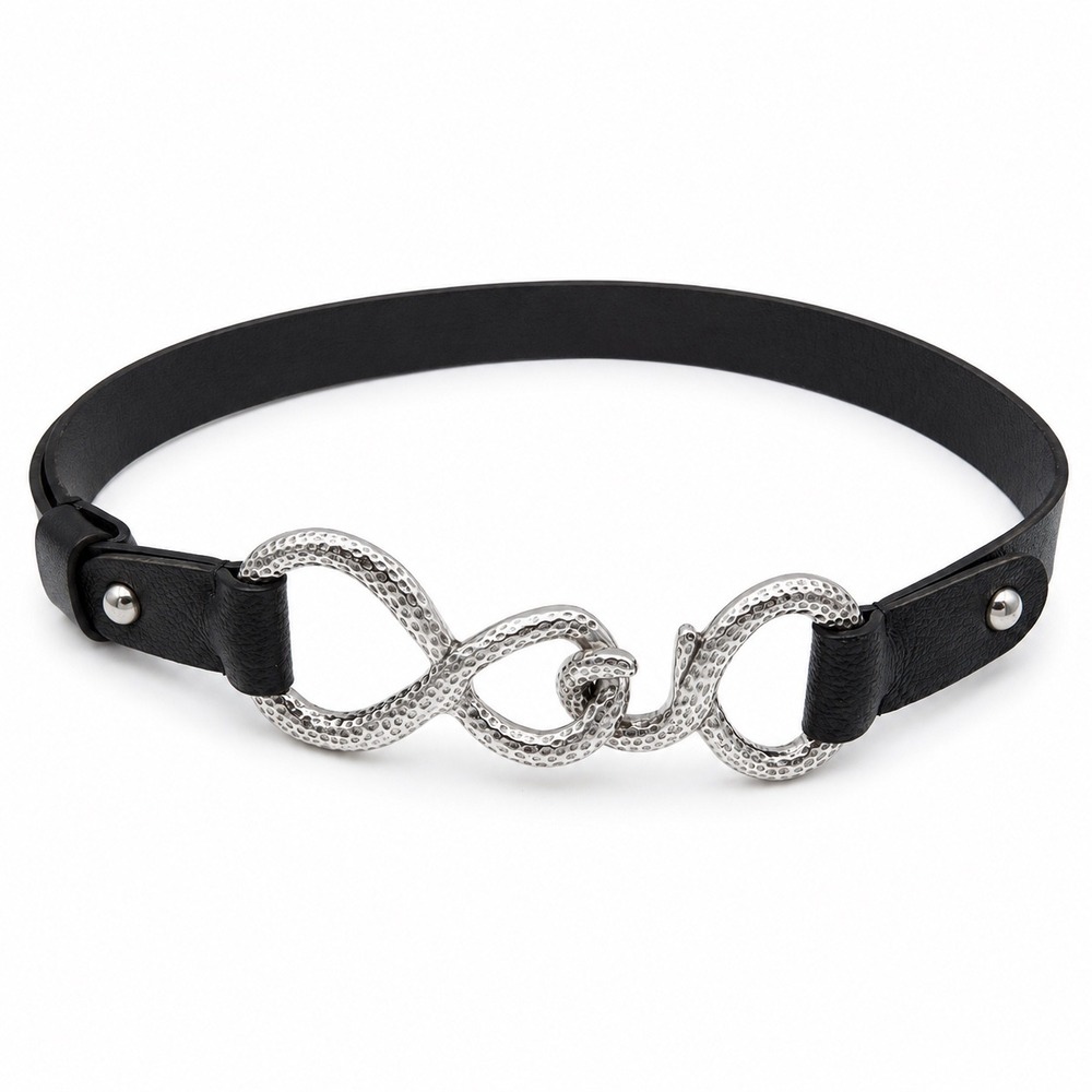 Chico's Black Leather Statement Belt Hammered Silver Adjustable M/L‎